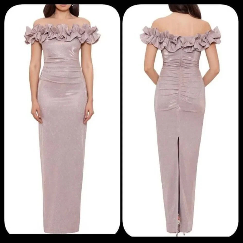 EXCAPE GLITTER Ruffle Off the Shoulder Back Slit Gown